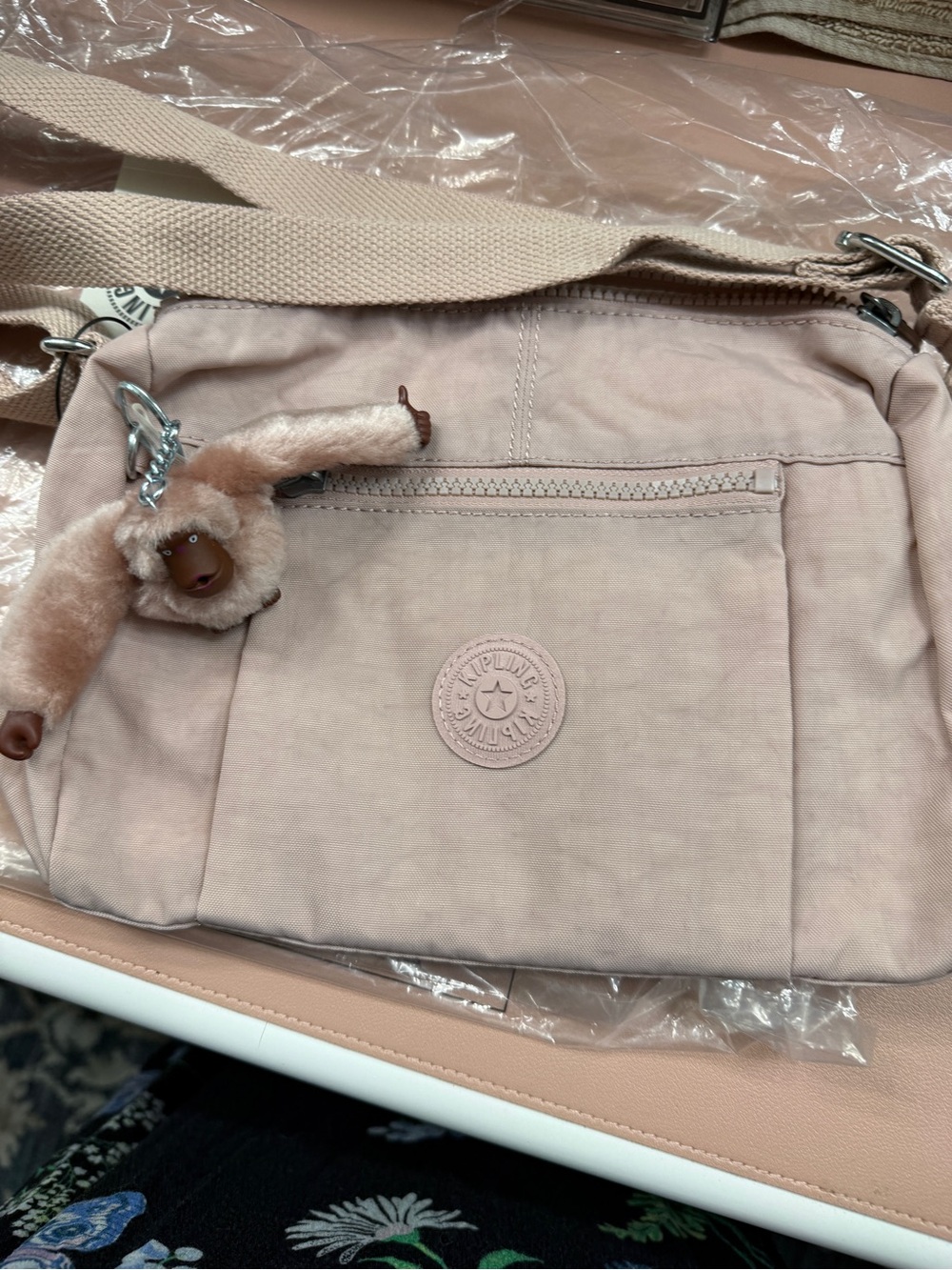 Kipling Blush Pink Crossbody Bag with Monkey Charm